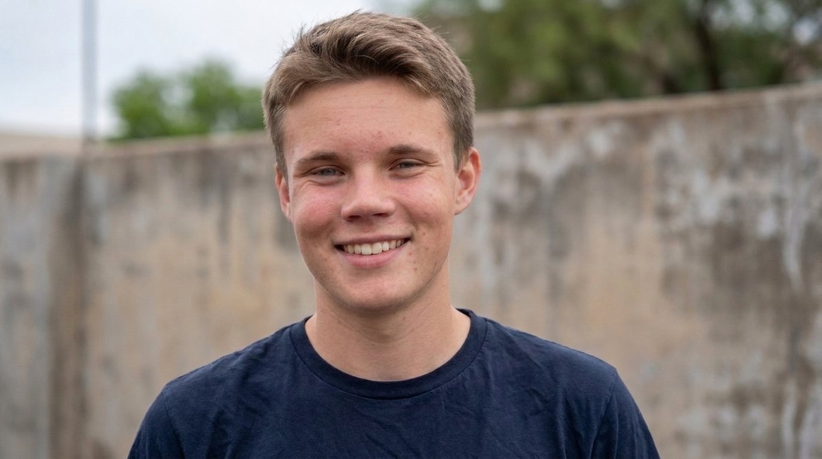 Jacob, ASVAB tutor, smiling in a navy t-shirt in front of a concrete wall